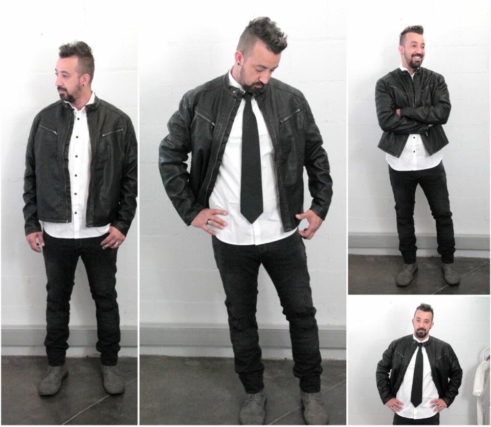 CLASSIC-ROCK: Hvit skjorte fra Jack & Jones, kr 250. Sorte slim-fit-jeans fra H&M, kr 299. Skinnjakke fra Kappahl, kr 899.