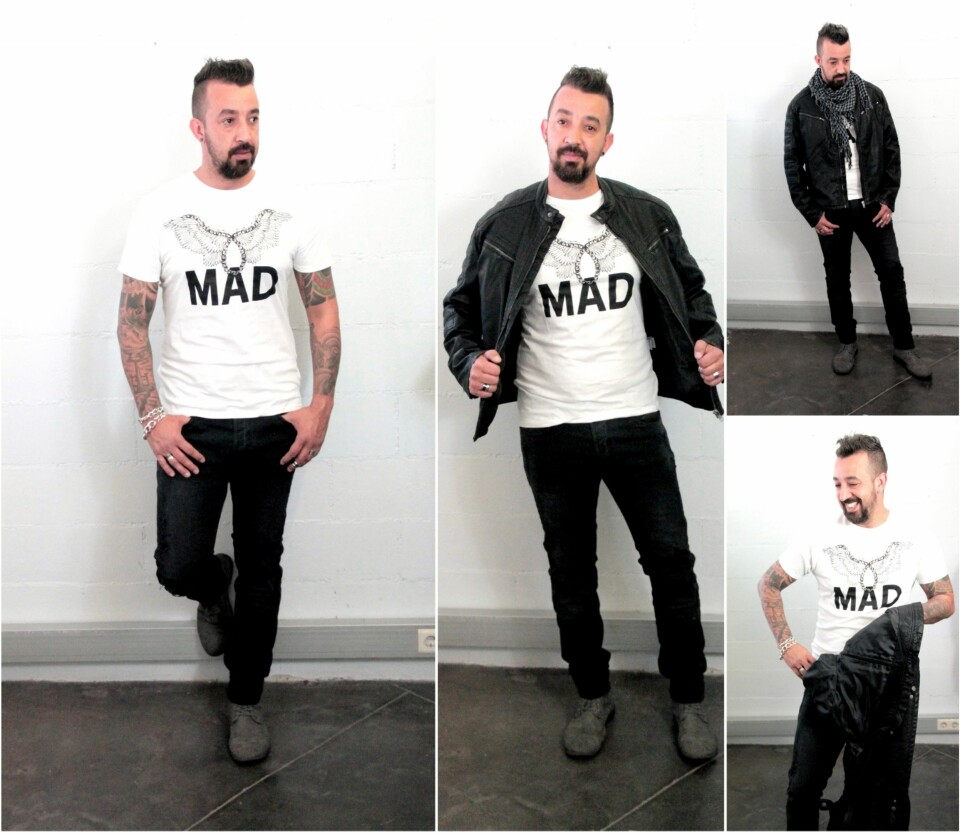 ROCKA: Hvit t-skjorte fra Zara Man, kr 149. Sort slim-fit-eans fra H&M, kr 299. Skinnjakke fra Kappahl, kr 899.