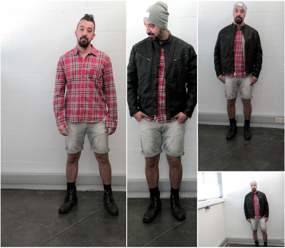 SHORTS: Grå shorts fra Zara Man, kr 299. Flanellskjorte fra H&M, kr 99. Lue fra H&M, kr 59. Skinnjakke fra Kappahl, kr 899.