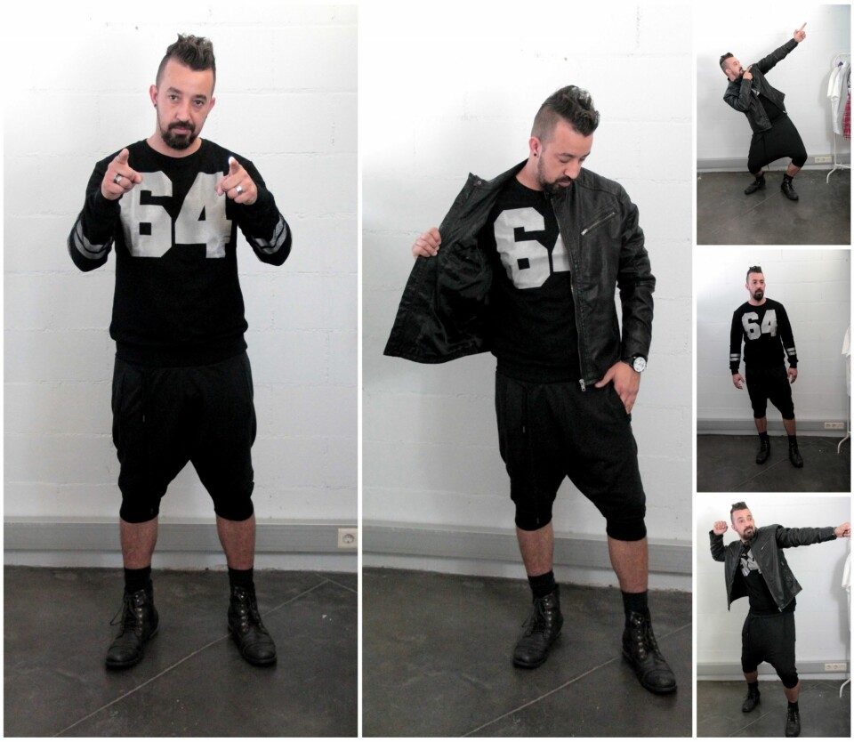 SPORTY: Genser fra Zara Man, kr 399. Joggeshorts fra Zara Man, kr 299. Skinnjakke fra Kappahl, kr 899.