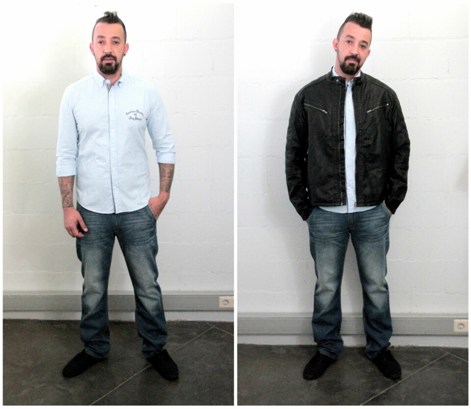 HVERDAG: Blå skjorte fra Kappahl, kr 399. Jeans fra Kappahl, kr 499. Skinnjakke fra Kappahl, kr 899.