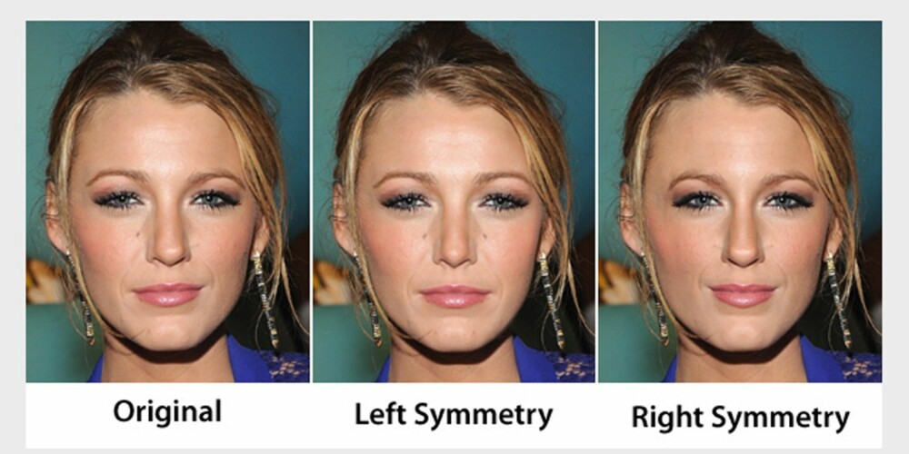 SYMMETRI: På bildet til venstre ser du Blake Lively slik hun egentlig ser ut - altså et asymmetrisk bilde. De to andre bildene viser derimot hvordan skuespillerinnen hadde sett ut dersom hun hadde hatt et helt symmetrisk ansikt - enten med utgangspunkt i høyre siden eller utgangspunkt i venstre siden av ansiktet.