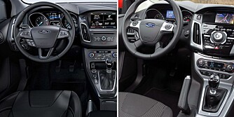 NY MOT GAMMEL: Til venstre dashbordet i den oppgraderte Focusen, til høyre det gamle. Skjermen er større i den nye, og det er langt færre taster på midtkonsollen. FOTO: Montasje Ford/Vi Menn Bil Top Gear