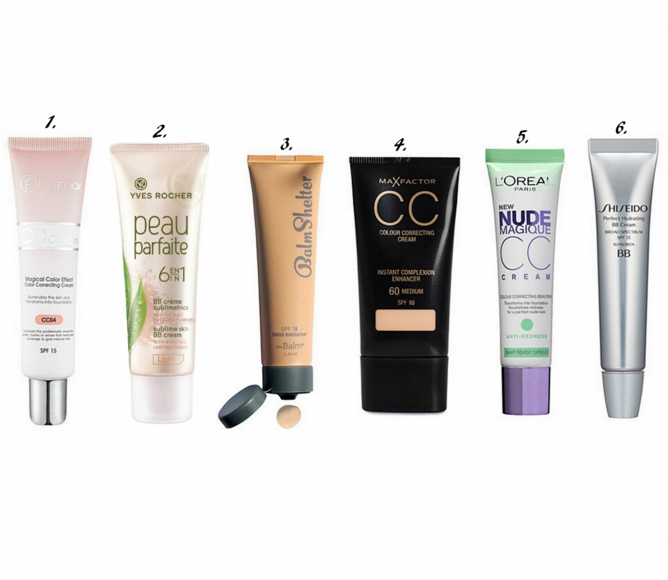 CC OG BB CREAM/FARGET DAGKREM: 1.CC Cream Anti Dark Circles SPF15 fra Flormar (kr 149), 2. Sublime Skin 6 in 1 BB Cream fra Yves Rocher (kr 199), 3. Balm Shelter Tinted Moisturizer fra The Balm (kr 249), 4. Colour Correcting Cream fra Max Factor (kr 159), 5. Nude Magique CC Cream fra L'Oréal Paris (kr 169), 6. Perfecting Hydrating BB Cream fra Shiseido (kr 355).