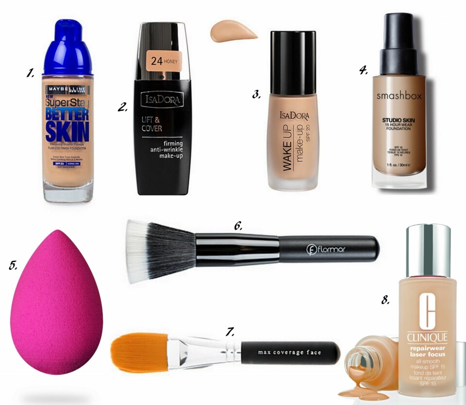 SPESIFIKKE BEHOV: 1. Superstay Better Skin fra Maybelline (kr 159), 2. Lift & Cover Foundation fra Isadora (kr 170), 3. Wake up Make-up SPF 20 fra Isadora (kr 159), 4. Studio Skin 15 Hour Wear Hydrating Foundation SPF 10 fra Smashbox (kr 290), 5. Beautyblender (kr 199), 6. Foundation Brush fra Flormar (kr 129), 7. Maximum Coverage Face Brush fra bareMineral (kr 395), 8. Repairwear Laser Foundation fra Clinique (kr 325).