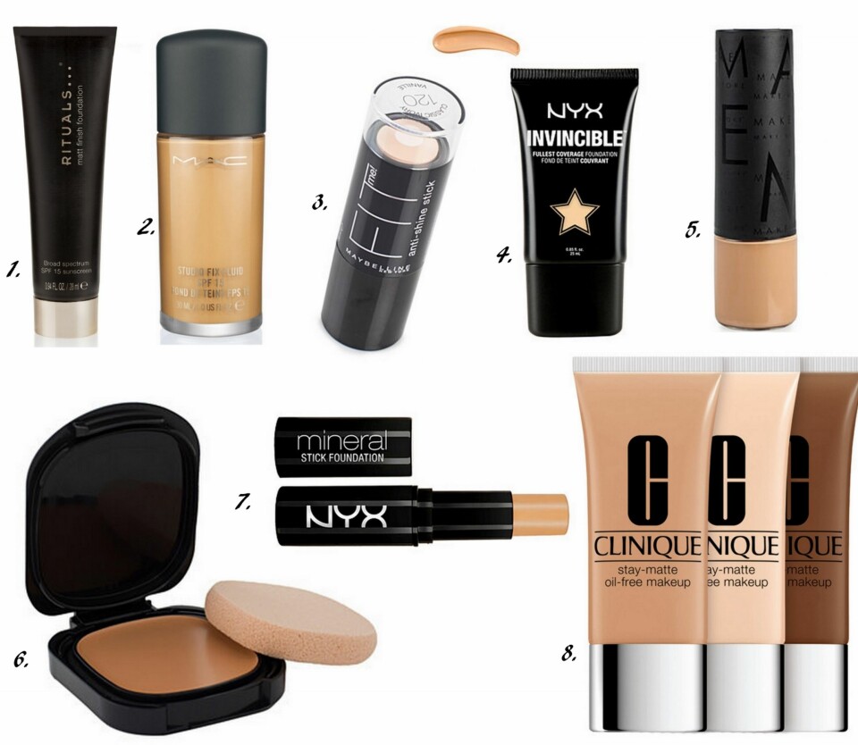 MATT: 1. Matt Foundation fra Rituals (kr 205), 2. Studio Fix Fluid SPF 15 fra MAC (kr 255), 3. Fit Me Foundation Stick fra Maybelline (kr 149), 4. Invincible Fullest Coverage Foundation fra Nyx Cosmetics (kr 185), 5. Matt Foundation fra Rituals (kr 205), 6. Advanced Hydra Liquid Compact fra Shideido (kr 399), 7. Mineral Stick Foundation fra Nyx Cosmetics (kr 160), 8. Stay-Matte Oil-Free Makeup fra Clinique (kr 285).