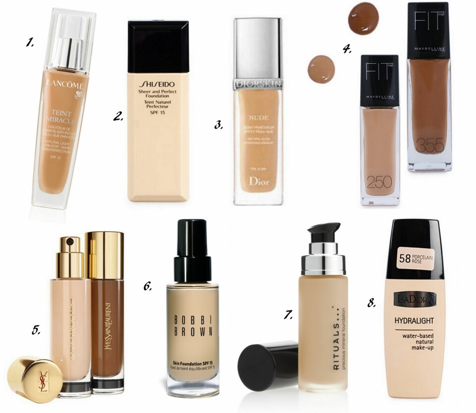 DUGGVÅT: 1. Teint Miracle Foundation fra Lancôme (kr 410), 2. Sheer & Perfect Foundation fra Shiseido (kr 375), 3. Diorskin Nude Fluid Foundation fra Dior (kr 440), 4. Fit Me Foundation fra Maybelline (kr 149), 5. Le Teint Touche Eclat fra Yves Saint Laurent (kr 425), 6. Skin Foundation SPF 15 fra Bobbi Brown (kr 380), 7. Precious Foundation fra Rituals (kr 205), 8. Hydra Light fra Isadora (kr 139).