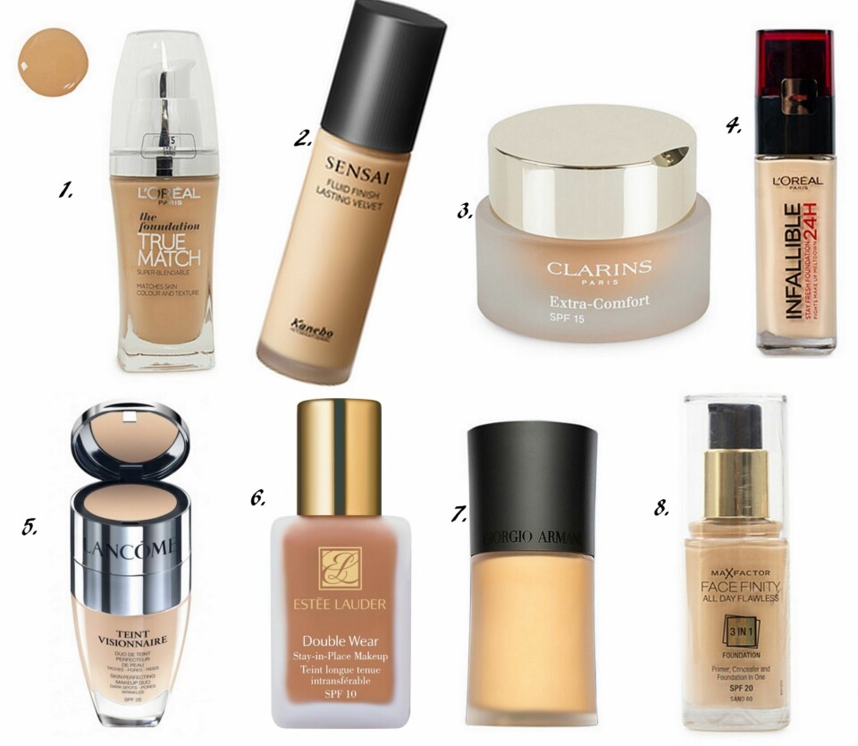FLØYEL: 1. True match fra L'Oréal Paris (kr 169), 2. Fluid Finish Lasting Velvet Foundation fra Sensai (kr 355), 3. Extra-Comfort Foundation fra Clarins (kr 495), 4. Infallible 24 Stay Fresh Foundation fra L'Oréal Paris (kr 169), 5. Teint Visionnaire fra Lancôme (kr 450), 6. Double Wear Foundation fra Estée Lauder (kr 395), 7. Luminous Silk Foundation fra Georgio Armani (kr 420), 8. Facefinity All Day Flawless Foundation fra Max Factor (kr 165).