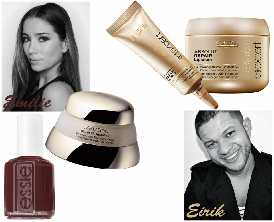 EMILIE ANBEFALER: Essie Nail Polish i fargen Bordeux, kr 129. Shiseido Bio-Performance Advanced Super Revitalizing Cream, kr 745. EIRIK ANBEFALER: L'Oréal Professionnel Instant Reconstructing Primer, kr 279 for 6 stk. L'Oréal Professionnel Instant Reconstructing Masque, kr 275.