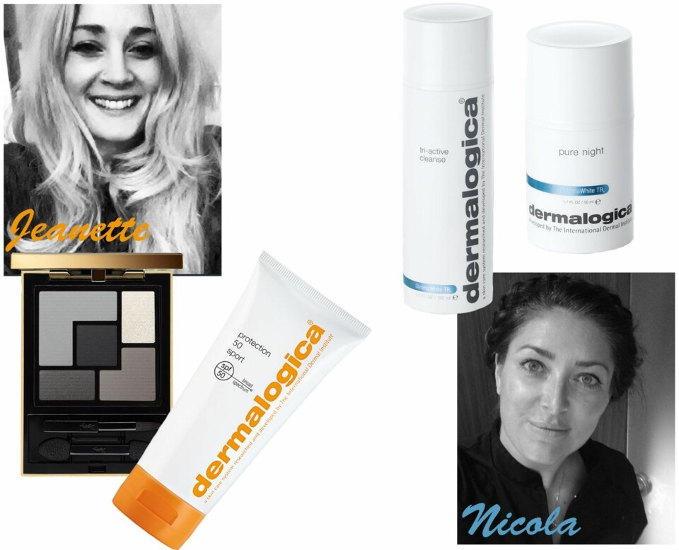 JEANETTE ANBEFALER: YSL Couture Palette i fargen No. 1 Tuxedo, kr 475. Dermalogica Protection 50 Sport, kr 395. NICOLA ANBEFALER: Dermalogica Chroma White Tri-Active Cleanse, kr 515. Dermalogica Chroma White Pure Night, kr 905.
