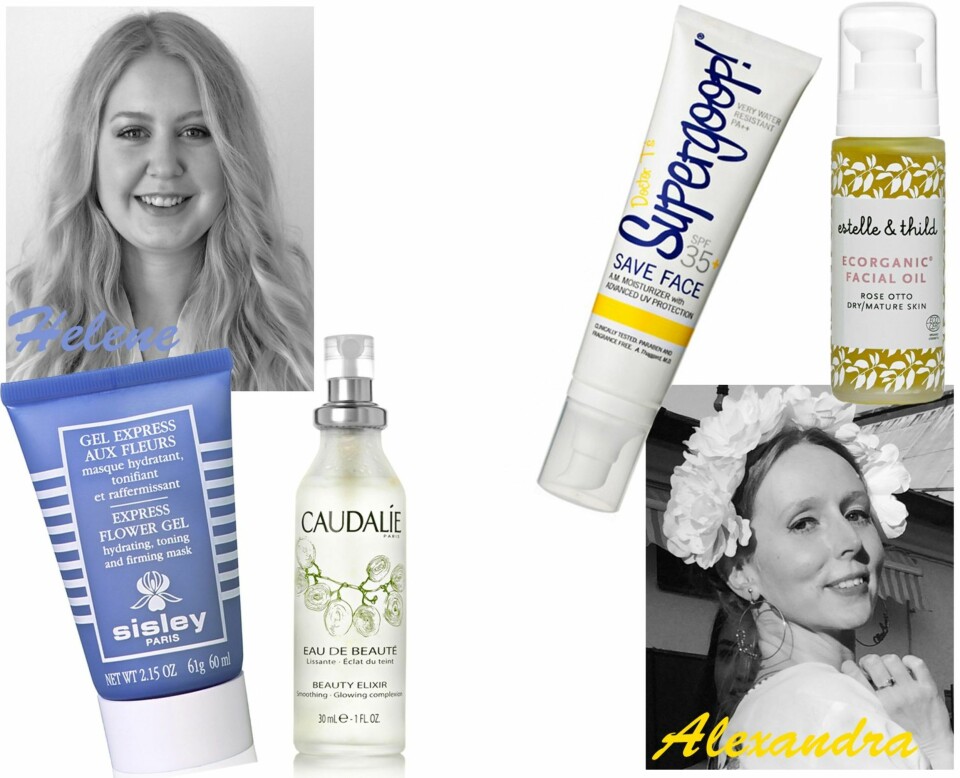HELENE ANBEFALER: Sisley Express Flower Gel, kr 785. Caudalíe Beauty Elixir, kr 295. ALEXANDRA ANBEFALER: Supergoop Save Face SPF 35, kr 220. Estelle & Thild Rose Otto Facial Oil, kr 425.