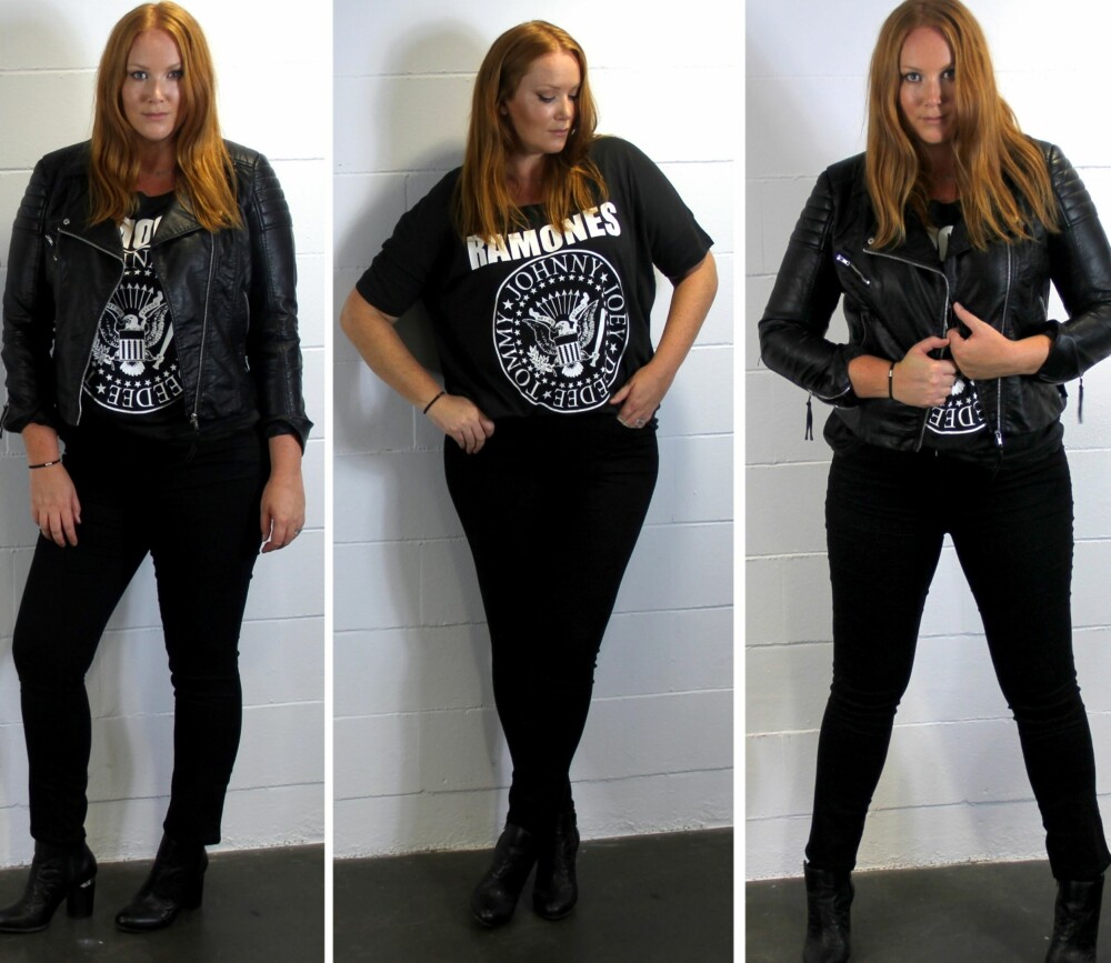 ROCKA PÅ TORSDAG: Den klassiske rocka-looken er tilbake, og alle hjerter gleder seg! Sleek, chic og komfortabel - perfekt til en sliten torsdag på jobb. Nå er det snart helg! T-skjorte fra H&M Divided Str. XL (kr 129), Faus-skinnjakke fra H&M str. 46 (kr 499), Sorte jeans fra Lindex Generous str. 46 (kr 399), Ankelboots fra H&M (kr 299). ROCKA PÅ TORSDAG: Den klassiske rocka-looken er tilbake, og alle hjerter gleder seg! Sleek, chic og komfortabel - perfekt til en sliten torsdag på jobb. Nå er det snart helg! T-skjorte fra H&M Divided Str. XL (kr 129), Faus-skinnjakke fra H&M str. 46 (kr 499), Sorte jeans fra Lindex Generous str. 46 (kr 399), Ankelboots fra H&M (kr 299).