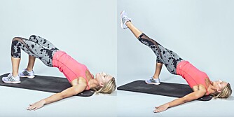 GLUTE BRIDGE: Ligg på gulvet med beina i 90 grader. GLUTE BRIDGE: Ligg på gulvet med beina i 90 grader.