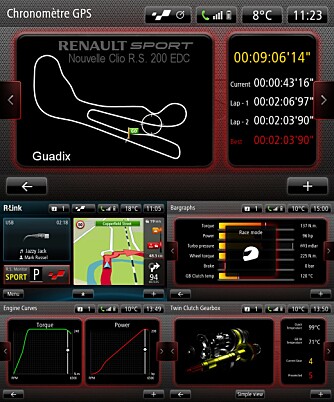RS MONITOR: Koblet opp mot Renaults mediesystem R-link forsyner RS Monitor deg med kjøredata. Legg inn ditt banekart, kjør, og gå så gjennom alle dataene i ettertid. Kjempeartig!