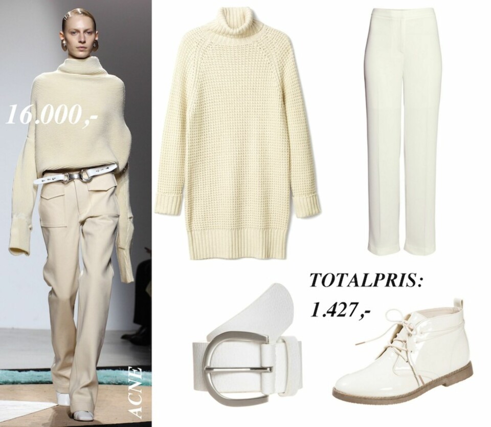 ACNE: Sett sammen en langt rimeligere versjon av Acne sit helhvite-antrekk med Stella Knit Sweater fra Weekday (kr 600), hvite dressbukser fra H&M (kr 299), hvitt belte fra Anna Field (kr 179) og kremhvite boots fra Even & Odd (kr 349).