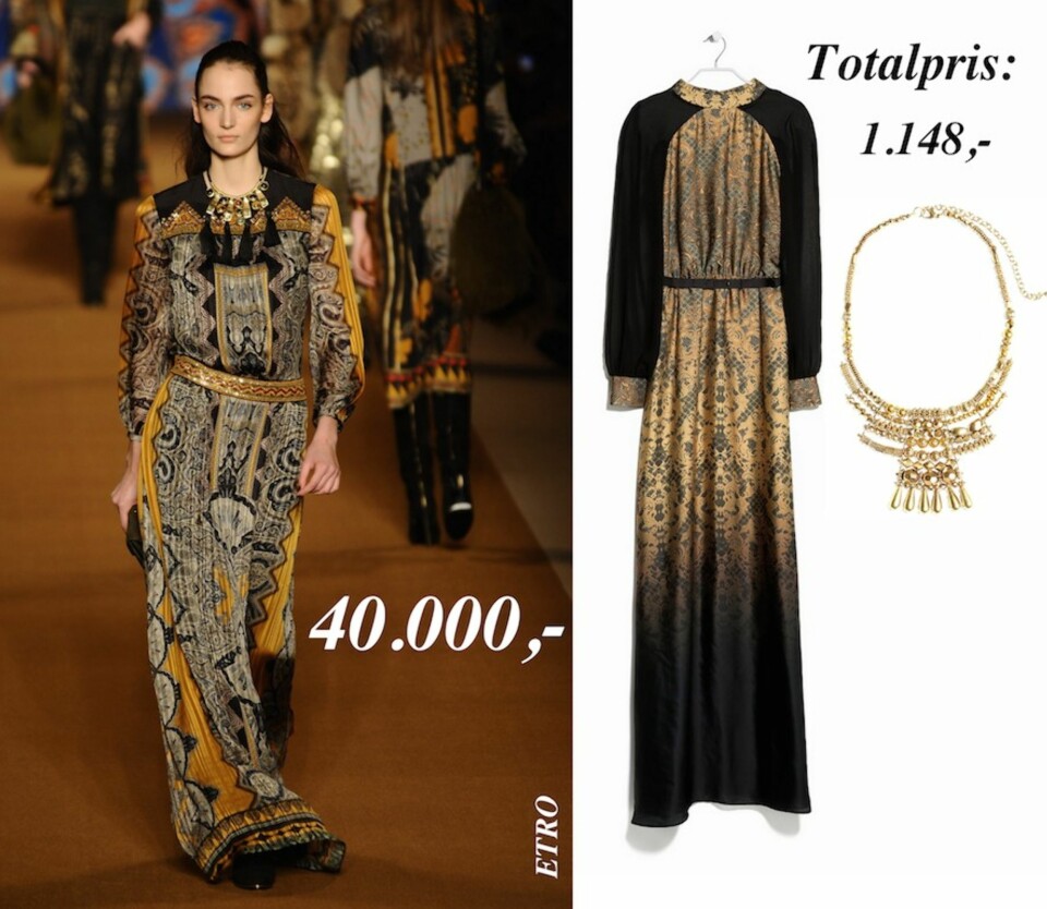 ETRO: Folktrenden merket Etro er så kjent for, blir fort en mer lommebokvennelig variant med Maxi-kjole fra Mango (kr 999) og smykke fra Lindex (kr 149).