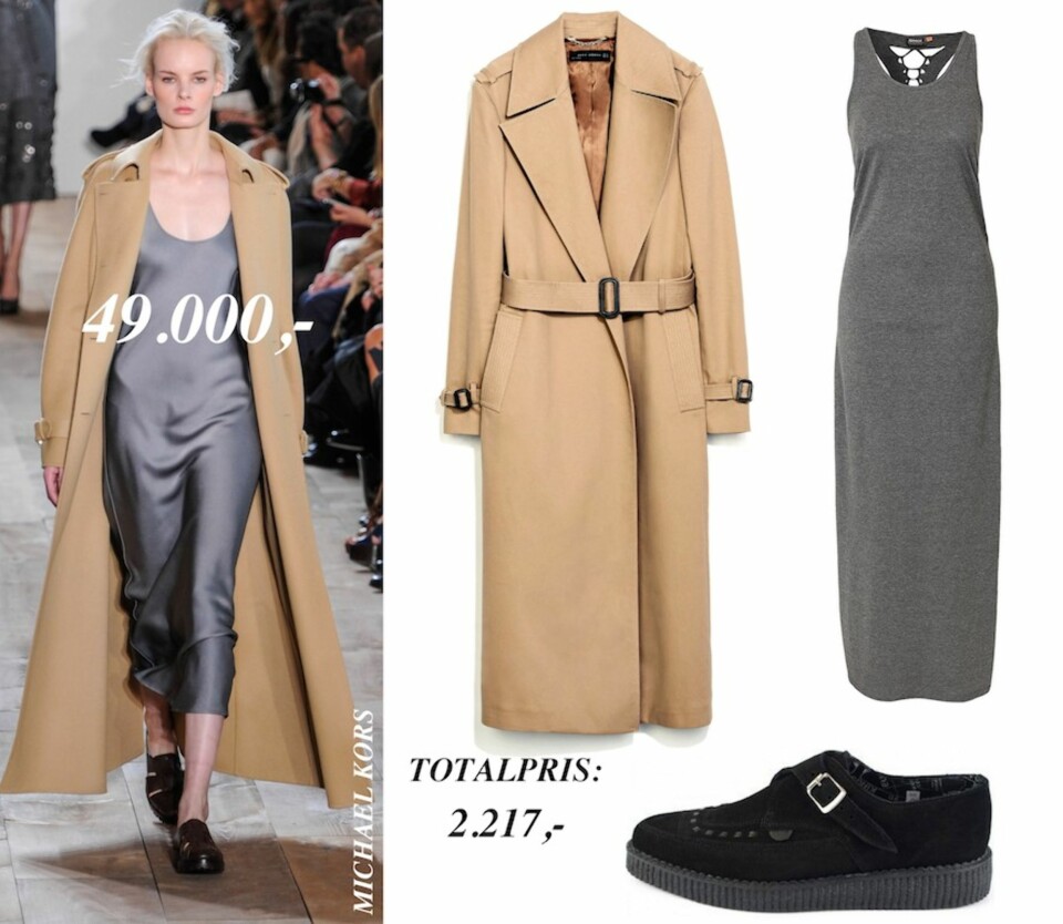 MICHAEL KORS: Kamel-kåpen og maxi-kjolen stiller sterkt i trendbildet denne høsten, noe Michael Kors så elegant viste. Men hvis du ikke vil punge ut med nesten kr 50.000 kan du heller gå for lang trenchcoat fra Zara (kr 1159), kjole fra Only (kr 299) og Underground Creepers fra Brandos (kr 759).