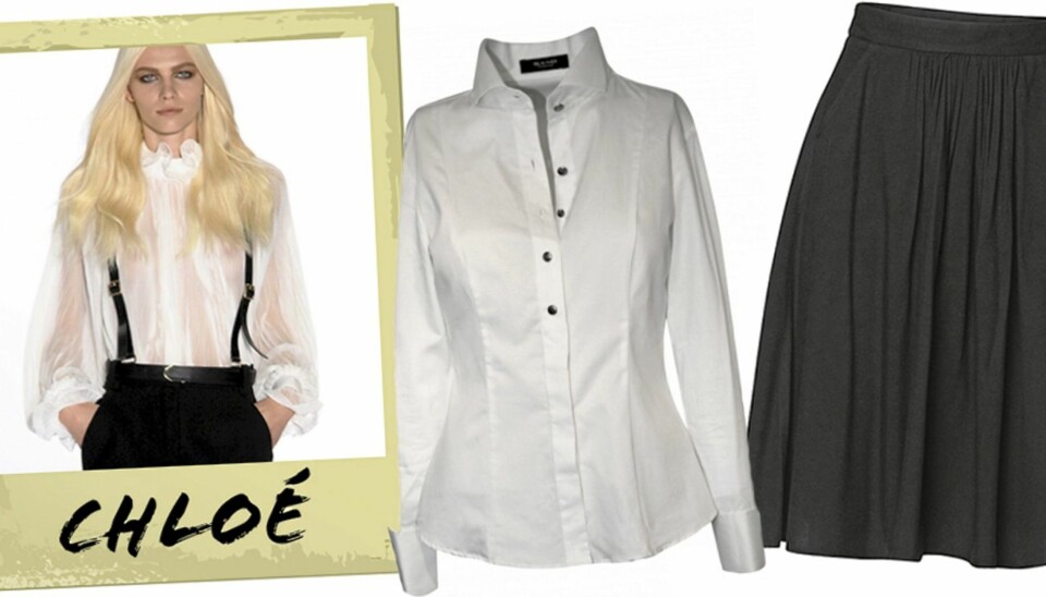 HVERDAGSHELTER: Her er klærne som redder enhver kleskrise. Hvit skjorte fra Sand (kr 1295), svart, knelangt skjørt fra MQ (kr 499).