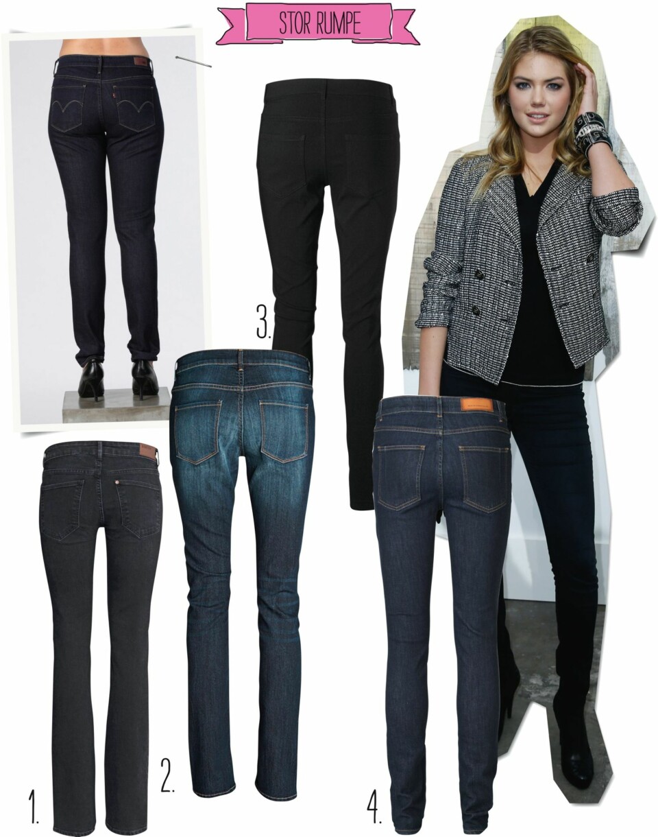 STOR RUMPE: Modellen har på seg: Demi Curve Coupe Skinny fra Levi's/Carlings, kr 899. 1. Lave lommer fra H&M, kr 299. 2. Store lommer fra Lindex, kr 399. 3. Svart fra KappAhl, kr 499. 4. Firkantet og enkelt fra Won Hundred, kr 1000. Kurvige Kate Upton kler mørke jeans veldig godt.