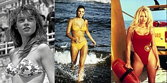 BIKINI: Fra venstre: Brigitte Bardot som brunette iført bikini på 1950-tallet. Raquel Welch fra filmen "The biggest bundle of them all" fra 1968. Pamela Anderson poserer iført den legendariske røde badedrakten fra "Baywatch".