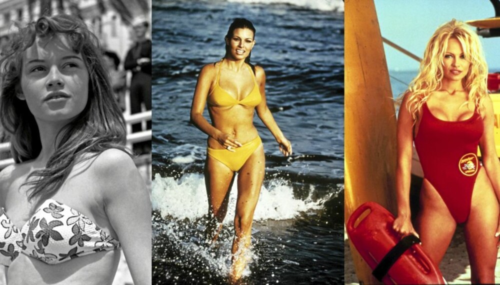 BIKINI: Fra venstre: Brigitte Bardot som brunette iført bikini på 1950-tallet. Raquel Welch fra filmen "The biggest bundle of them all" fra 1968. Pamela Anderson poserer iført den legendariske røde badedrakten fra "Baywatch".