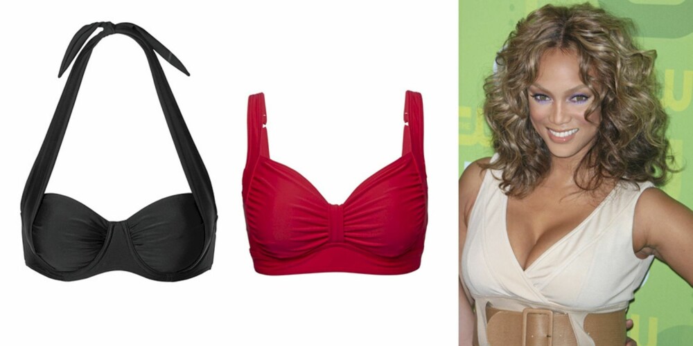 FRA VENSTRE: Sort bikinioverdel (kr 239), rød bikinioverdel (kr 299), begge fra Abecita, Tyra Banks viser frem sine fordeler.