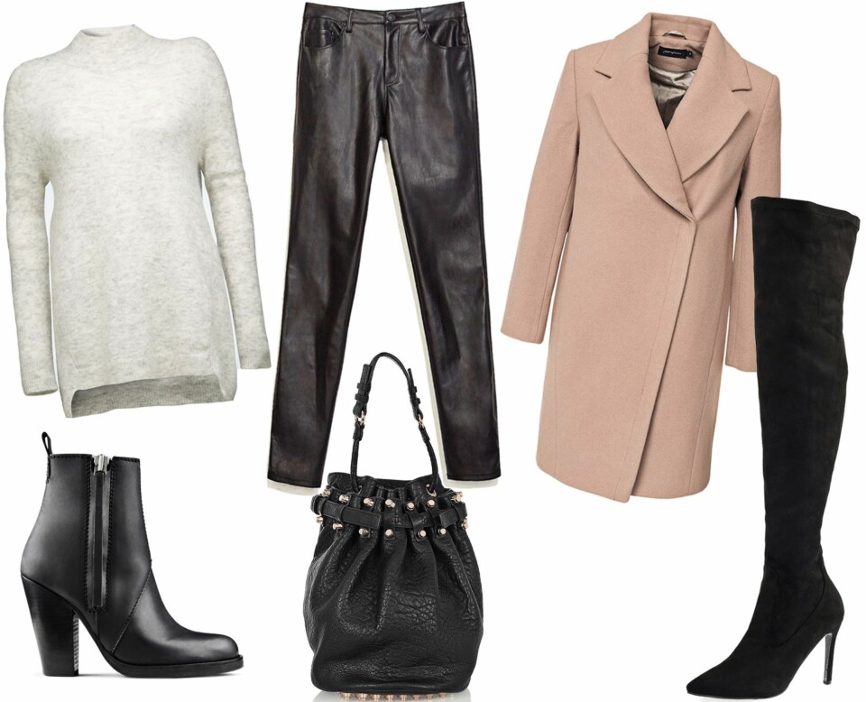 FRA VENSTRE: Genser fra Tiger of Sweden, 1699. Boots fra Acne, kr 3495. Bukser fra Zara, kr 399. Veske fra Alexander Wang, kr 8245. Kåpe fra Stylin, kr 3995, Støvletter fra Minusey, kr 930.