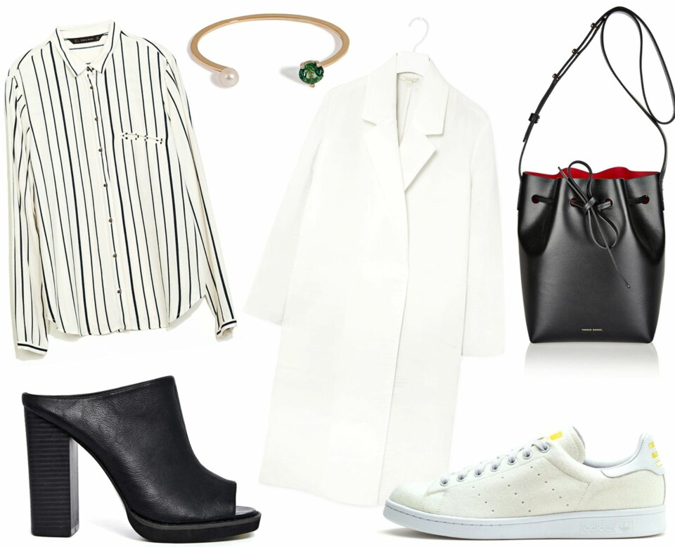 FRA VENSTRE: Skjorte fra Zara, kr 399. Mules fra Asos.com, kr 285. Armbånd fra Delfina Delettrez, kr 10.739. Kåpe fra COS, kr 1700. Veske fra Mansur Gavriel, kr 4828. Sneakers fra Adidas, kr 914.