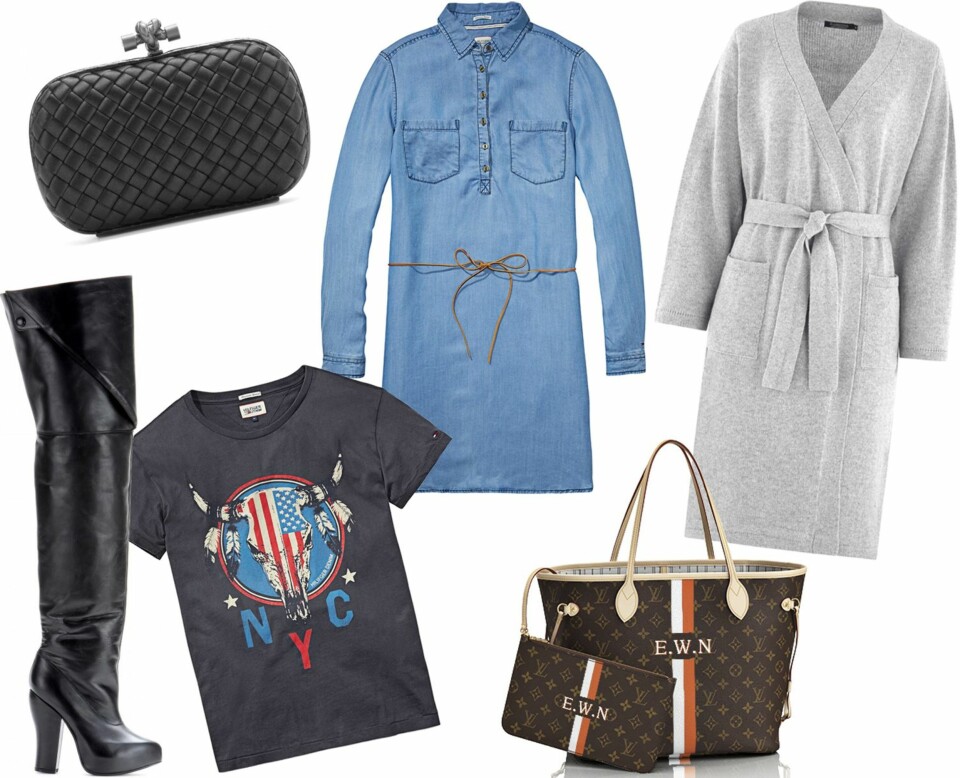 FRA VENSTRE: Boots fra Carven, kr 6665. Clutch fra Bottega veneta, kr 8358. T-skjorte fra Tommy Hilfiger, kr 499. Denimkjole fra Tommy Hilfiger, kr 1190. Veske fra Louis Vuitton, kr 11.697. Morgenkåpe fra Kashmina, kr 2899.