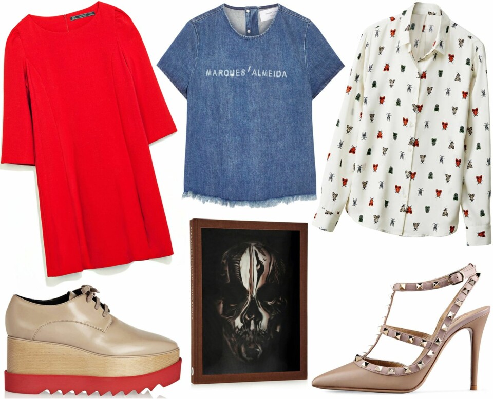 FRA VENSTRE: Wedges fra Stella McCartney, kr 6507. Kjole fra Zara, kr 299. T-skjorte fra Marques Almeida/Topshop, kr 635. Boke 'Savage Beauty' om Alexander McQueen, kr 437. Skjorte fra H&M, kr 199. Stiletter fra Valentino, kr 5840.