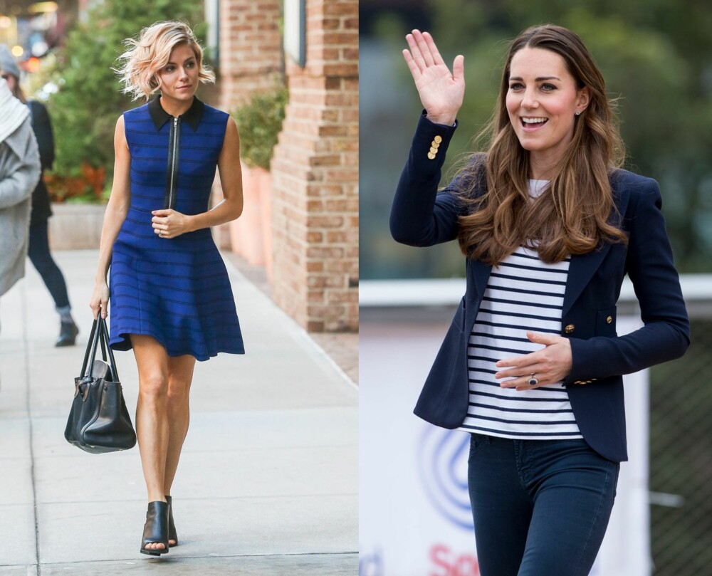 JODA, DETTE GÅR FINT: Blått og sort er kjempefint sammen! Her sett på Sienna Miller. Til høyre viser Kate Middleton hvilke horisontale striper som ser best ut.