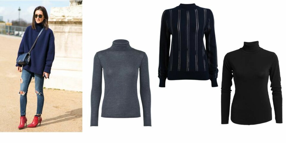 HØY I HALSEN: Fra venstre: Genser i grått fra Ganni, kr 699, blå striper fra Never Denim/Bik Bok, kr 499 og sort fra Lindex, kr 199.