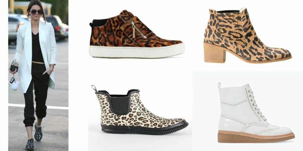 DYRISKE STEG: Fra venstre: Med mørke prints fra Aldo, kr 899. Med hæl fra Ganni, kr 1999. Med gummi fra Ellos, kr 299. Med hvitt lær fra Zara, kr 399. Her med Kendall Jenner. DYRISKE STEG: Fra venstre: Med mørke prints fra Aldo, kr 899. Med hæl fra Ganni, kr 1999. Med gummi fra Ellos, kr 299. Med hvitt lær fra Zara, kr 399. Her med Kendall Jenner.