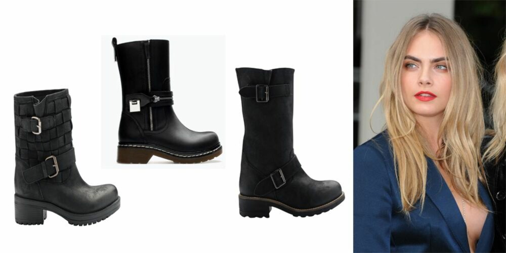 ROCKA: Fra venstre: Med to spenner fra Bianco, kr 1199. Med glidelås fra Zara, kr 499. Med ruglete såle fra Bianco, kr 1099. Her med Cara Delevingne. ROCKA: Fra venstre: Med to spenner fra Bianco, kr 1199. Med glidelås fra Zara, kr 499. Med ruglete såle fra Bianco, kr 1099. Her med Cara Delevingne.