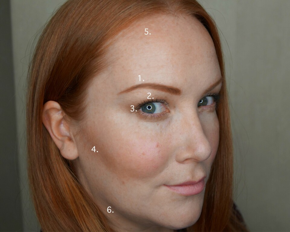 ØYENBRYNSKYGGE: 1. Fyll inn bryn, 2. Legg langs global, i ytterkant av øyet og under, 3. Legg eyeliner ytterst på vippekanten, 4. Legg under kinnben, 5. Legg langs hårfestet i panne, 6. Legg langs kjeven og lett ned på hals.