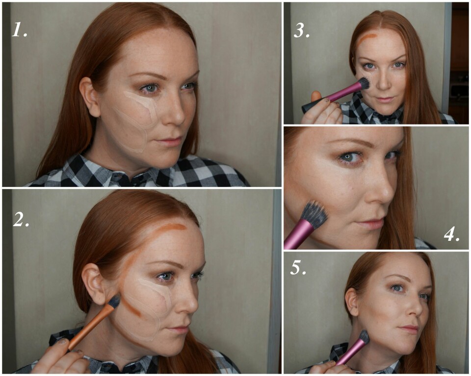 STEGENE: 1. Legg en lys concealer, eller highlighter-penn i et tretall fra underkant av øyet, rundt eplekinn og langs kinnben, tilbake og ned langs overkanten av underkjeven. 2. Legg mørk concealer, foundation, bronzer eller øyeskygge i et omvendt tretall fra panne, langs hårfestet, ned under kinnben, tilbake og under kjeven. 3 og 4. Blend godt. 5. Husk kjeven!