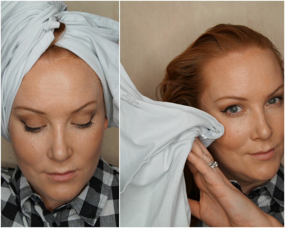 STEGENE: Bruk en ren, men gjerne gammel t-skjorte og tørk, klem og snurr håret opp i en turban, som normalt.
