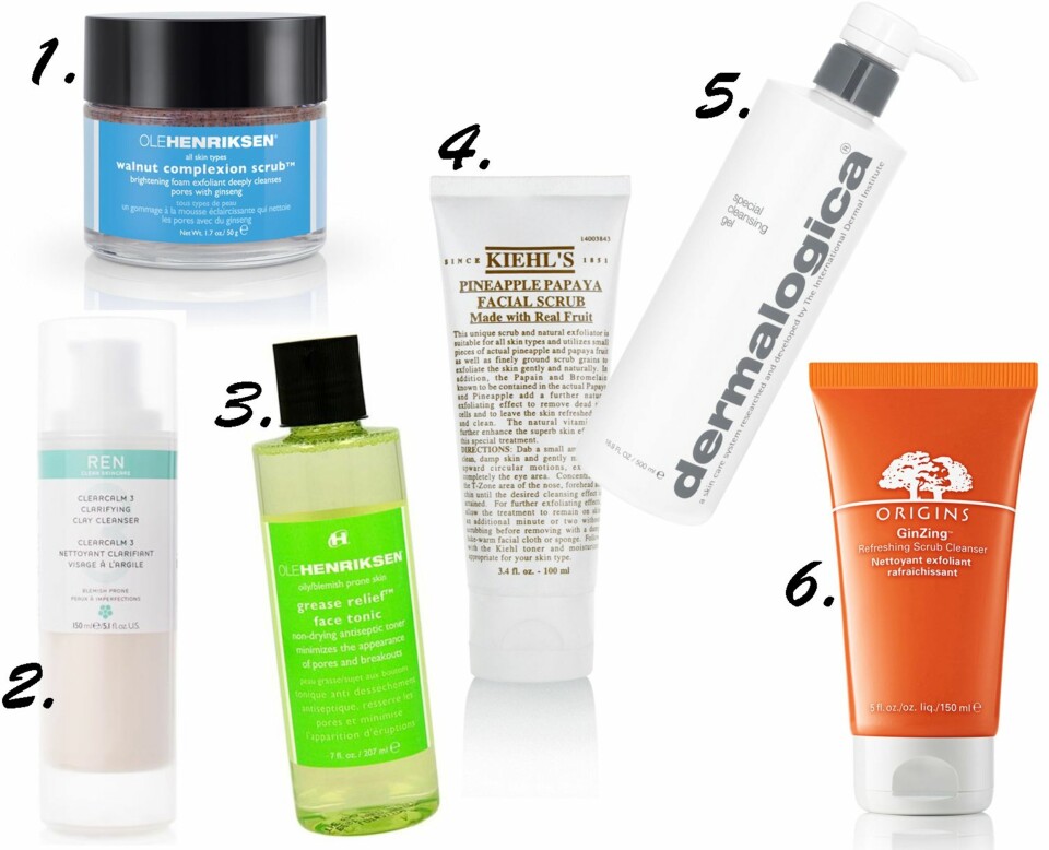 GODE HUDPLEIEPRODUKTER: 1. Ole Henriksen Walnut Complexion Scrub, kr 355. 2. Ren Clearcalm 3 Clarifying Clay Cleanser, kr 245. 3. Ole Henriksen Grease Relief Face Tonic, kr 279. 4. Kiehl's Pneapple Papaya Facial Scrub, kr 230. 5. Dermalogica Special Cleansing Gel, kr 465. 6. Origins GinZing Refreshing Scrub Cleanser, kr 160.
