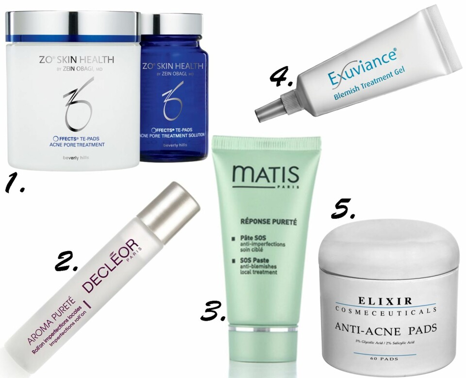 MOT KVISER: Zo Skin Health Offects Te-pads Acne Pre Treatment, kr 550. 2. Decléor Aroma Pureté Roll-On Imperfections Locals, kr 265. Matis Réponse Pureté SOS Paste Anti-blmish Local Treatment, kr 399. 4. Exuviance Blemish Treatment Gel, kr 149. Elixir Anti-Acne Pads, kr 420.