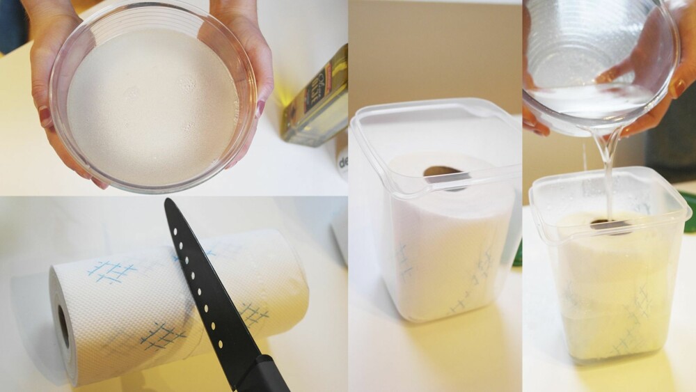 STEG 1: Bland alle ingrediensene i en bolle. STEG 2: Kutt papirrullen i to. STEG 3: Plasser rullen i boksen. STEG 4: Hell blandingen over papiret. 