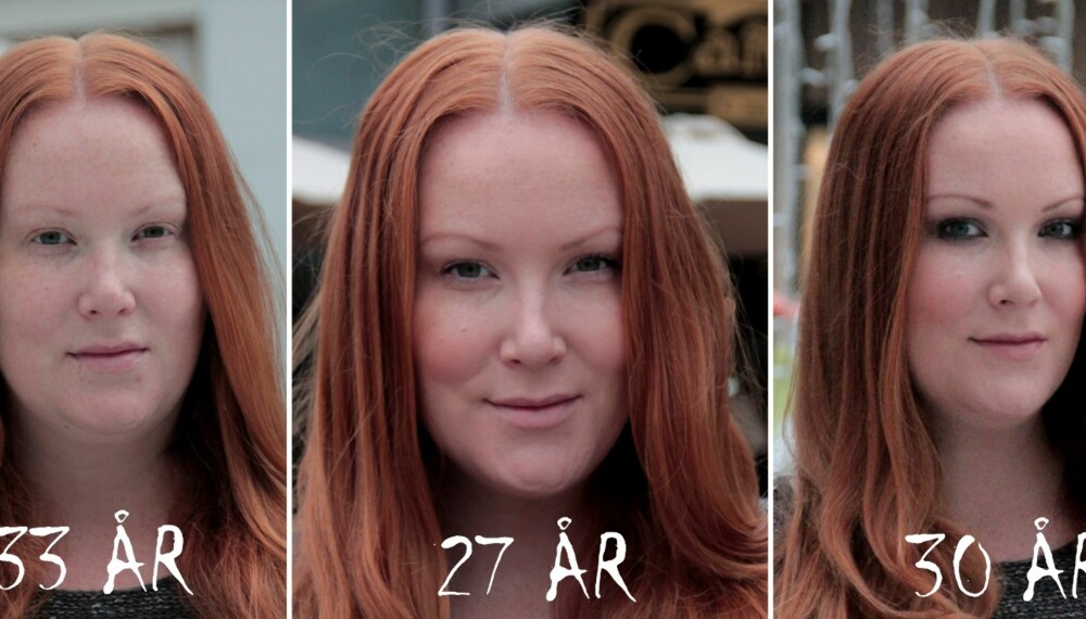 SMINKE ENDRER ALDER: Tre ulike sminkelooker gir Tove (29) tre forskjellige aldere. Fra venstre: 1. Uten sminke (ga en gjennomsnittsalder på 33). 2. Naturlig sminke (ga en gjennomsnittsalder på 27) 3. Tung sminke med sota øyne (ga en gjennomsnittsalder på 30).