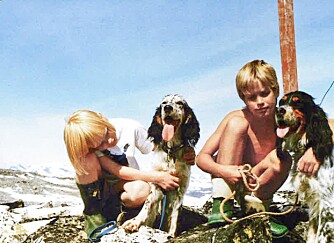 GLAD I DYR: Tora har vært glad i hunder helt fra hun var liten jente. Her er hun sammen med broren Lars og de engelske setterne Tina og Rypa på Blåhø. 