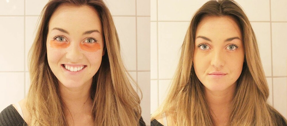 TIL VENSTRE: Oransje leppestift under øynene. TIL HØYRE: Ferdig resultat. 