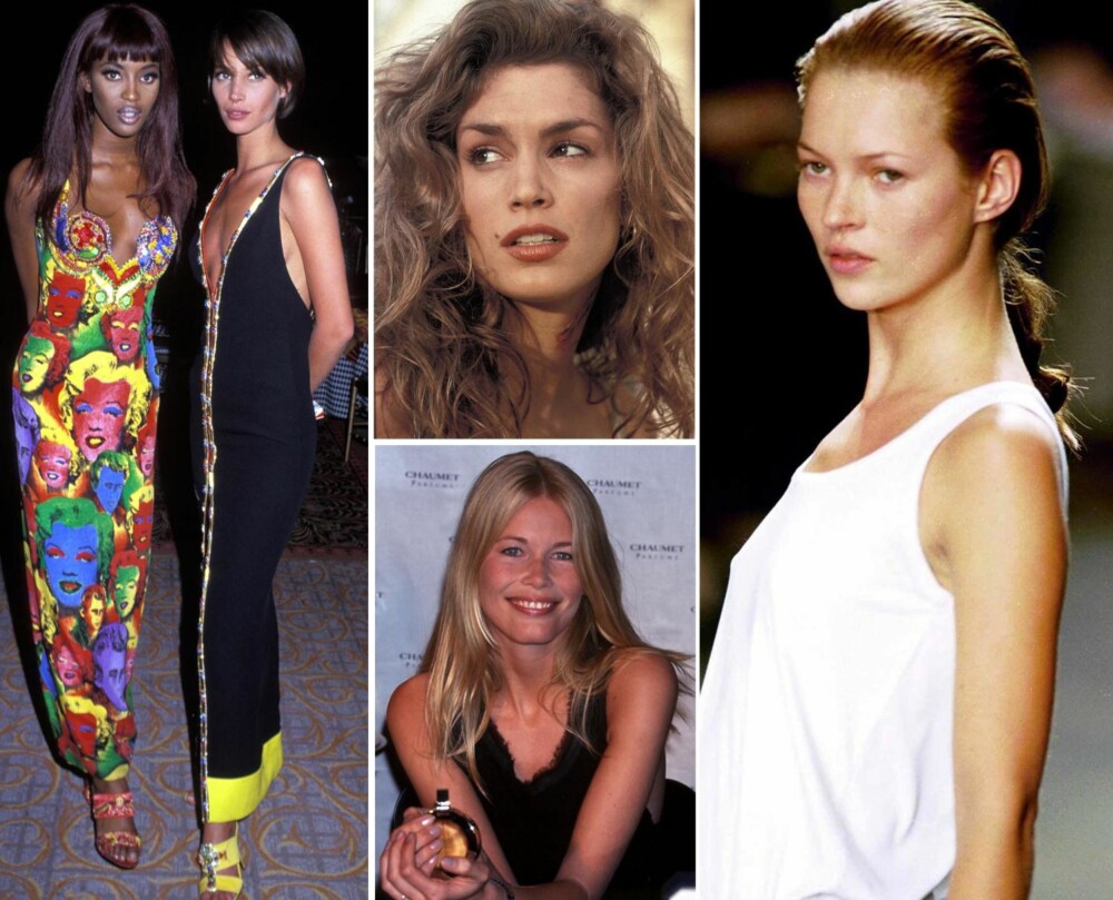 SUPERMODELLENE: Generasjonen med supermodeller fra 90-tallet. Fra venstre: Naomi Campbell og Christy Turlington. Øverst i midten: Cindy Crawford. Nederst i midten: Claudia Schiffer. Til venstre: Kate Moss. SUPERMODELLENE: Generasjonen med supermodeller fra 90-tallet. Fra venstre: Naomi Campbell og Christy Turlington. Øverst i midten: Cindy Crawford. Nederst i midten: Claudia Schiffer. Til venstre: Kate Moss.