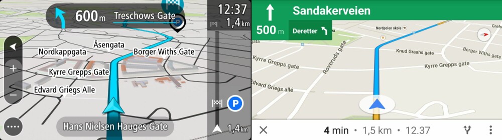 SIDE-VED-SIDE: Grensesnittet til TomTom Go Mobile og Google Maps side-ved-side.