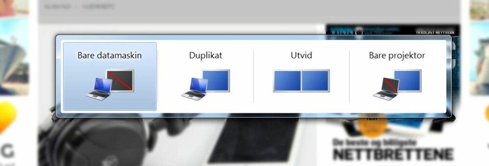 POWERPOINT: For å få vist frem presentasjonen din på en ekstern skjerm eller projektor, trykk Windowstasten + P. Da får du opp denne dialogboksen og du kan velge "Duplikat" eller "Bare projektor".