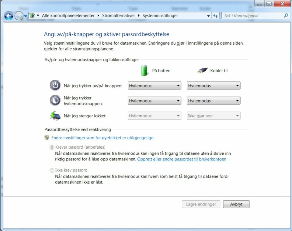 STRØMINNSTILLINGER: Du kan selv bestemme hva som skal skje når du lukker lokket på en bærbar PC. Den kan gå til 'Hvilemodus', slå seg helt av eller du kan velge at det ikke skal skje noe som helst.