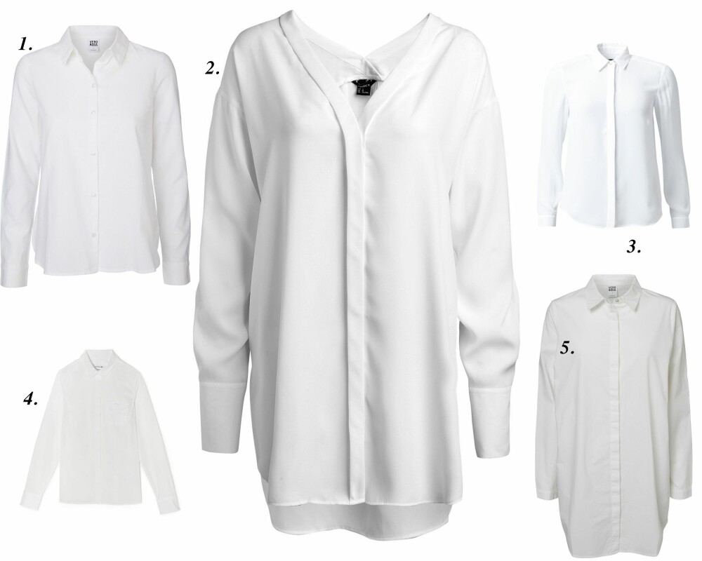 HVIT SKJORTE: 1. Skjorte fra Vero Moda (kr 249,95), 2. Bluse fra Lindex (kr 299), 3. Skjorte fra MQ (kr 399), 4. Chemise Shirt fra Lacoste (kr 1195), 5. Oversized skjorte fra Vero Moda (kr 299,95).