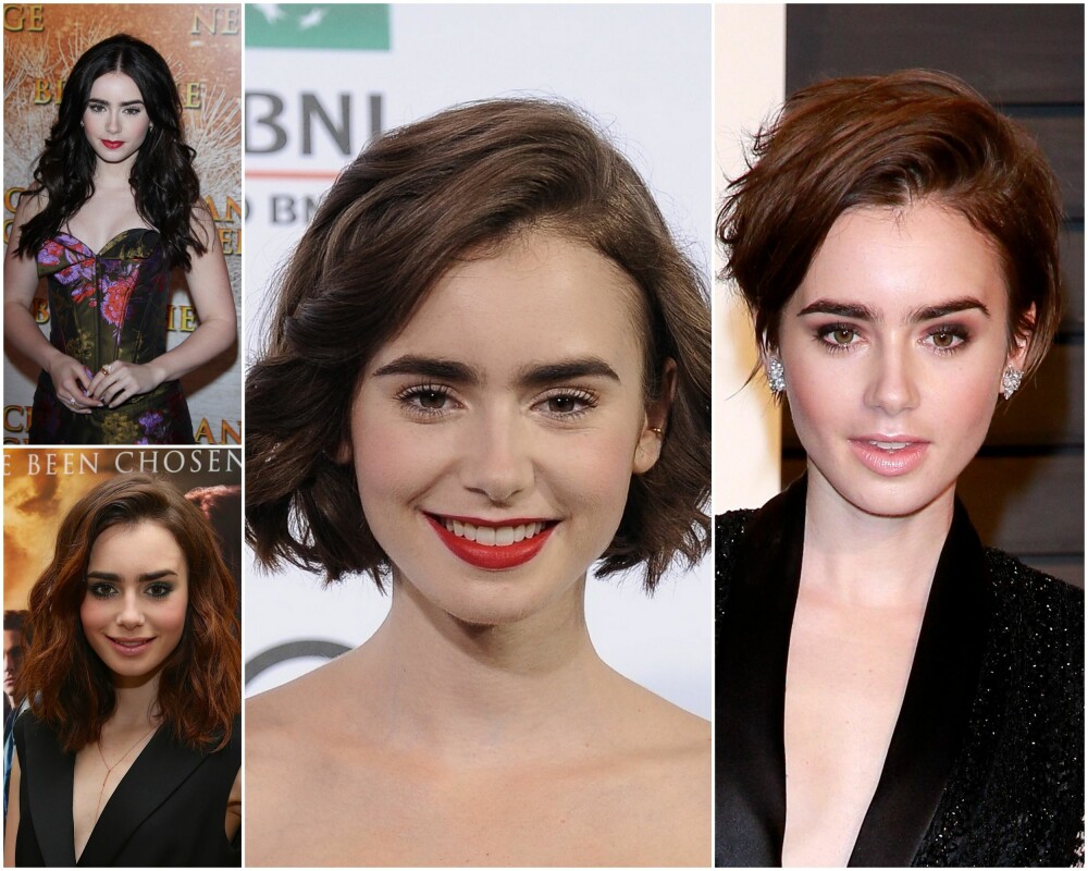 KORTERE OG KORTERE: Lily Collins har sakte men sikker latt lokkene falle de siste årene, og vi må innrømme at hun ser aller best ut med det korte sveisen.