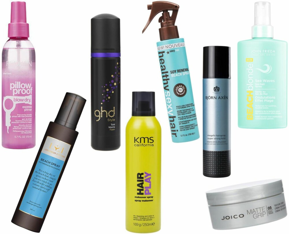 FINE STYLINGPRODUKTER (f.v.): Redken Pillov Proof Blow Dry Express Primer, kr 329. Lernberger Stafsing Beach Spray Texturizing & Volumizing, kr 179. Ghd Style Total Volume Foam, kr 239. KMS Hair Play Makeover Spray, kr 189. Healthy Sexy Hair Soy Renewal Beach Spray, kr 129. Björn Axén Megafix Hairspray, kr 127. Joico Matte Grip Texture Cream, kr 179. John Freida Sea Waves Sea Salt Spray, kr 129.